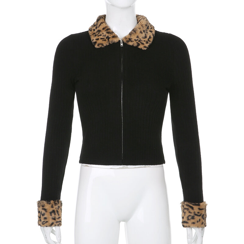 Sweetown Piel de leopardo cuello ajuste Y2K Cardigan camisas de las mujeres de punto de canalé 90 estética Blusa con cremallera de manga larga otoño prendas de vestir
