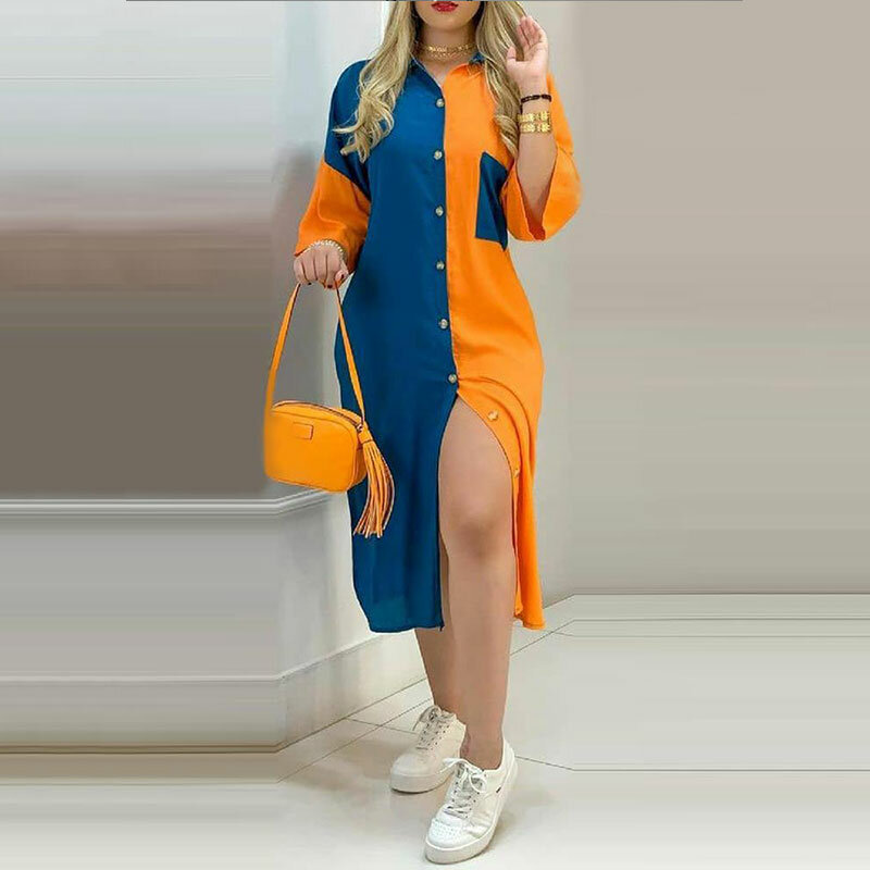 2021 sommer Frauen Sexy Beiläufige Lange Hülse Drehen-unten Kragen Täglichen Verschleiß Kleid Colorblock Taste Design Hemd Kleid Mit tasche