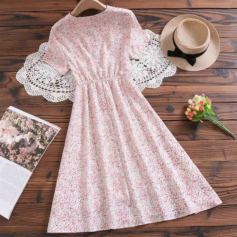 Mori girl summer floral vintage dress stand collar short sleeve chiffon dress