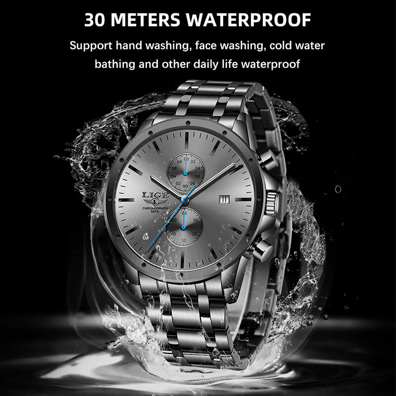 Lige novo relógio masculino de luxo marca de negócios relógios de quartzo preto para homens à prova d' água cronógrafo esportivo relógio de pulso data relógio masculino
