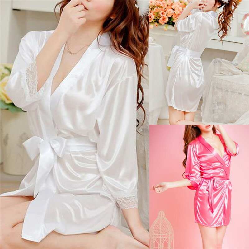 Sexy Large Size Sexy Satin Night Robe Lace Bathrobe Perfect Wedding Bride Bridesmaid Robes Dressing Gown For Women