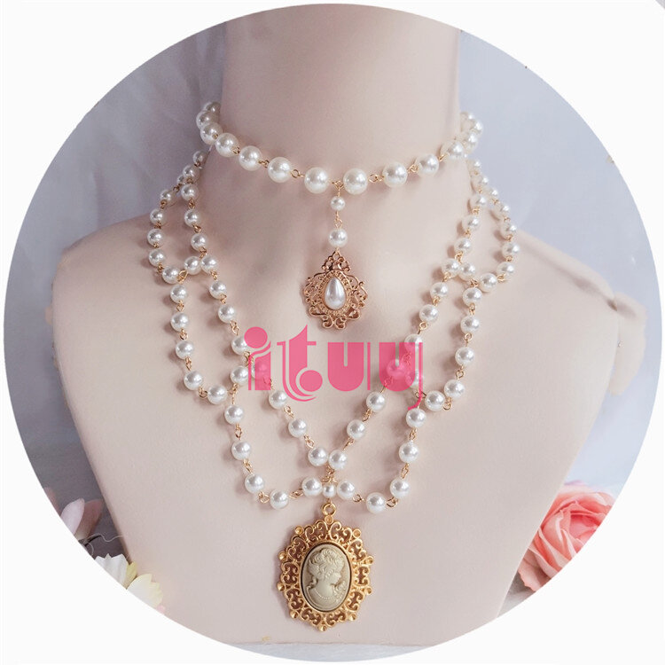 Splendida catena di clavicola Vintage in stile rococò da sposa Lolita Princess multistrato con gemme di pizzo perlato