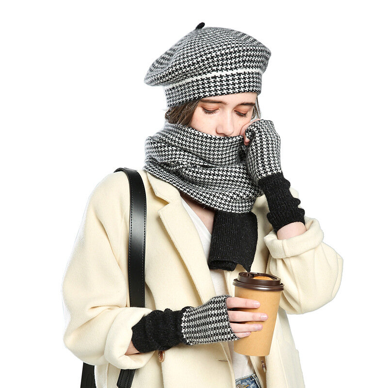 European and American Winter Women Scarf Hat Gloves 3 Piece Sets Warm Plaid Cashmere Scarf Cap And Gloves Sets