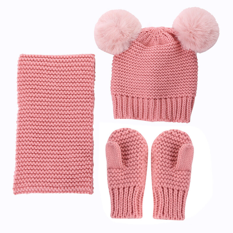 Anak-anak Warna Solid Rajutan Topi Wol Sarung Tangan dan Syal Tiga Potong Set Mode Topi Crochet Hangat Bayi Headwear Alat Peraga Foto