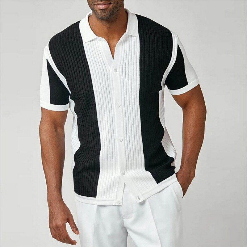 Camisa de punto de retales Vintage para hombre, camisas de manga corta sueltas informales, Tops de solapa abotonados, ropa de calle de moda de verano, 2021