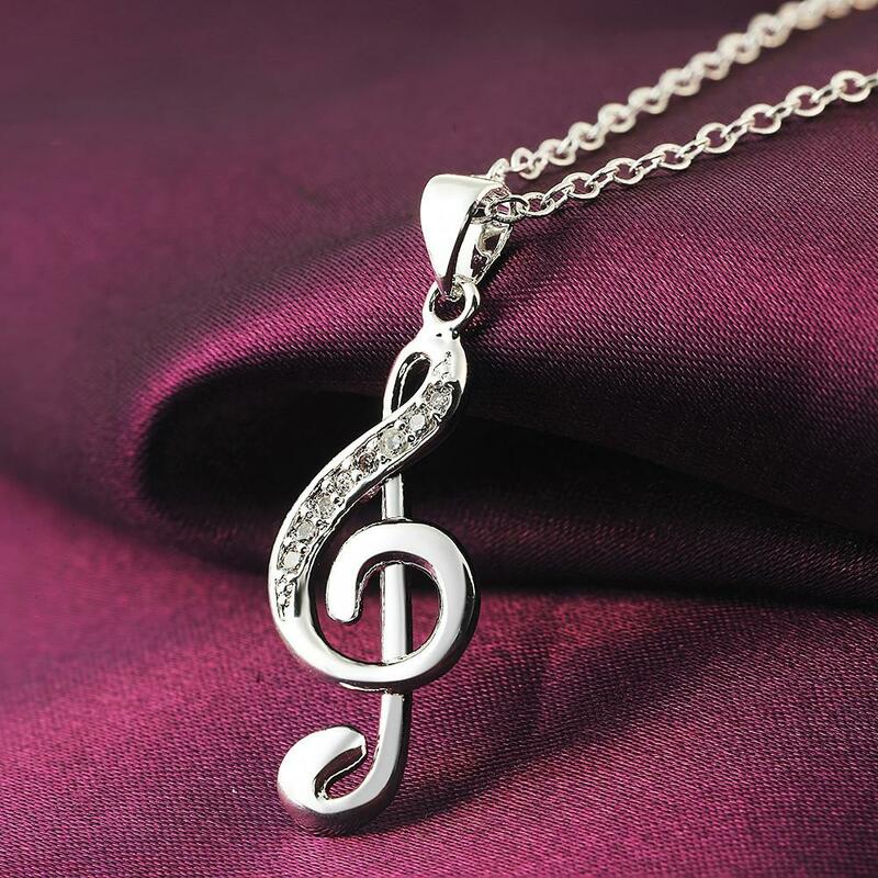925 Stamp necklace jewelry girl favorite Christmas gifts creative lovely inlaid stone music notation pendant chain 45cm
