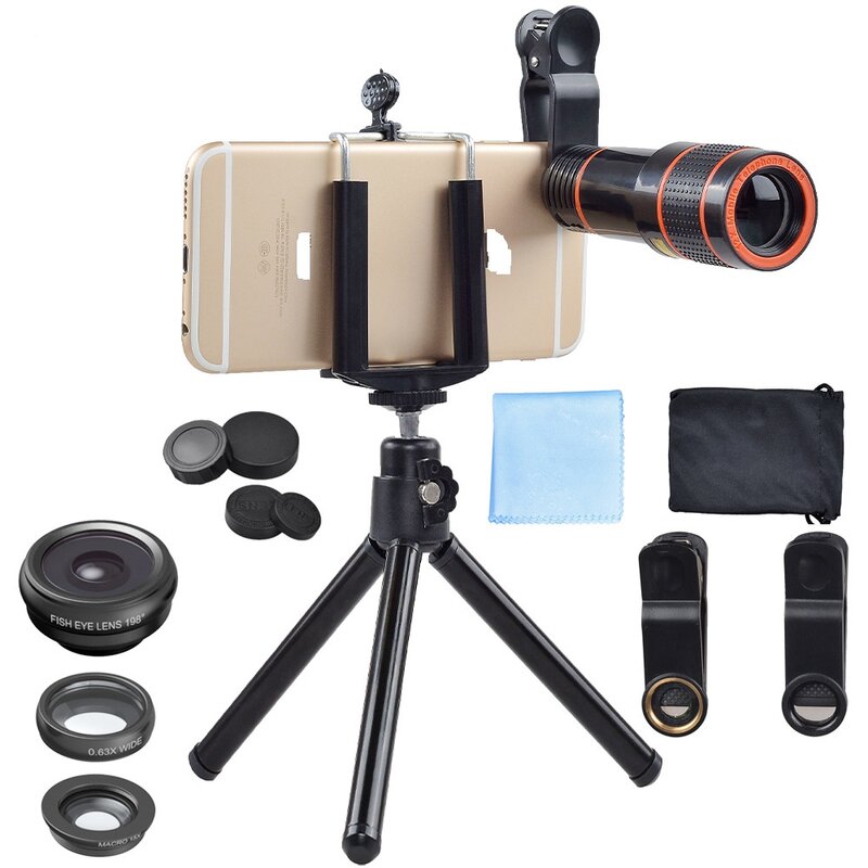 Objectif Macro HD à Zoom optique 12x 8x avec capuchon d'objectif, Clip de téléphone pour Smartphone, objectif d'appareil photo, accessoires de remplacement