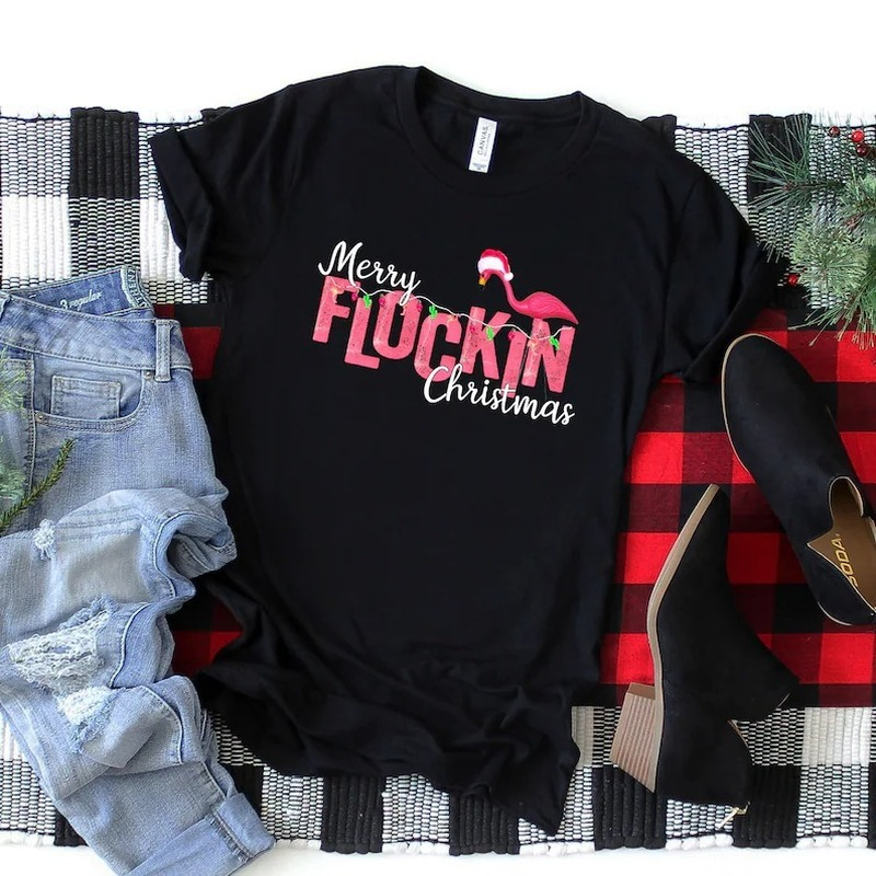 T-shirt manches courtes col rond femme, décontracté et ample, estival et estival, joyeux noël, Flamingo imprimé