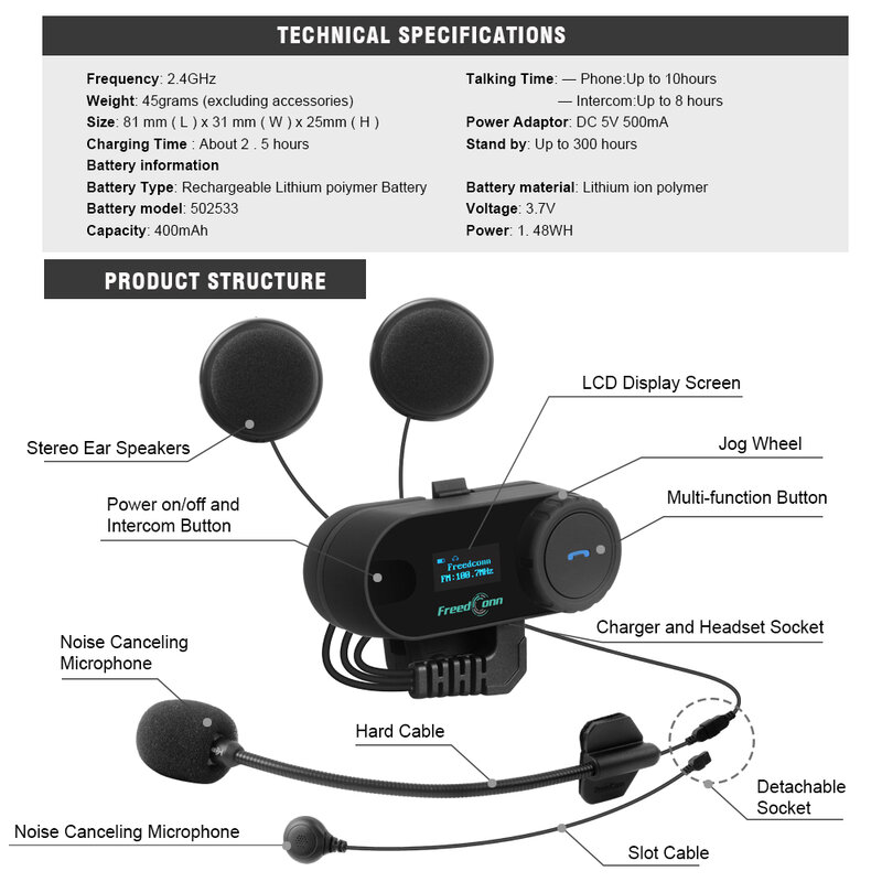 FreedConn TCOM SC รถจักรยานยนต์ชุดหูฟังหมวกนิรภัย Intercom BT 800M Interphone พร้อมหน้าจอ LCD มอเตอร์กันน้ำวิทยุ FM Moto หูฟัง