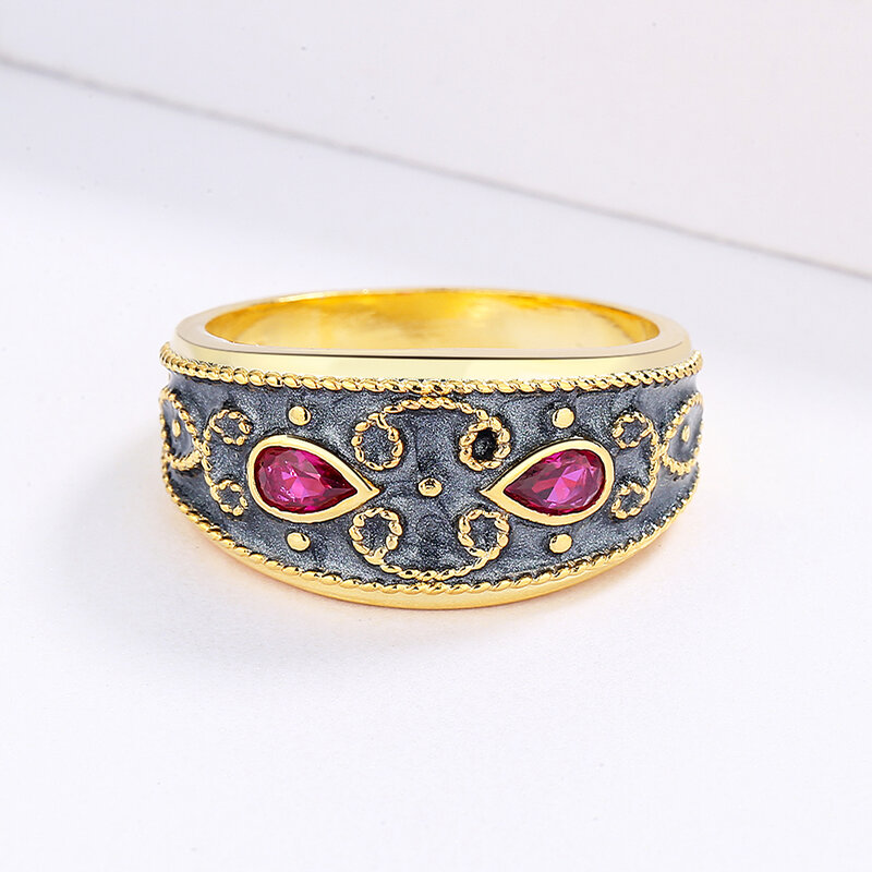 Anel clássico para moda feminina de dois tons anel feminino incrustado com zircão vermelho jóias moda 925 anel de prata anel de ouro