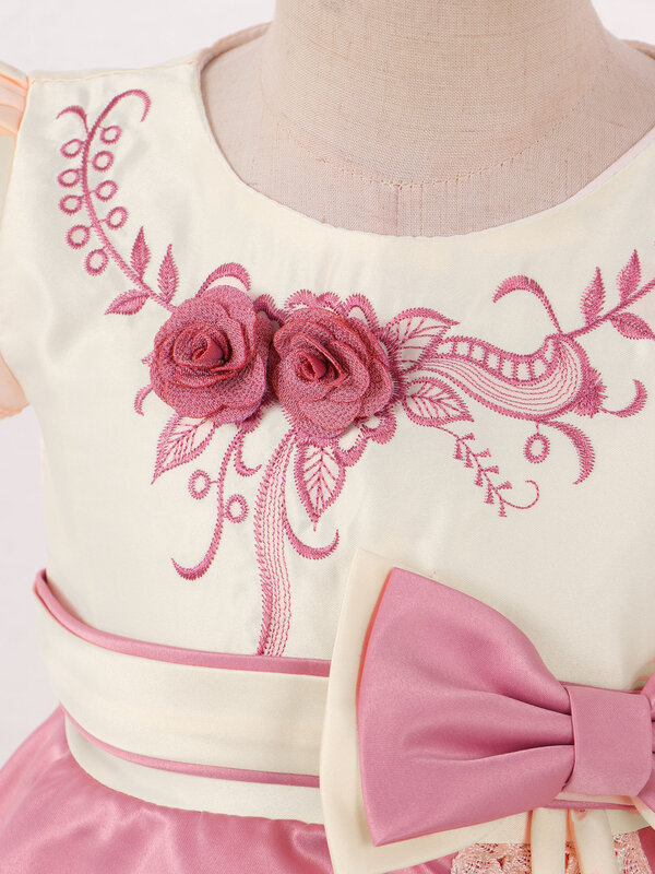 Vestido de fiesta de manga corta para niñas, 1 pieza, con lazo bordado Floral, adornado, de poliéster, tutú, Princesa, para regalo de boda