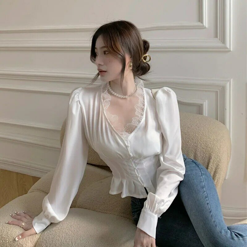 2021 가을 프랑스 새로운 패션 여성 쉬폰 레이스 블라우스 한국어 패션 세련된 슬림 섹시한 셔츠 v-목 화이트 프랑스 오피스 레이디