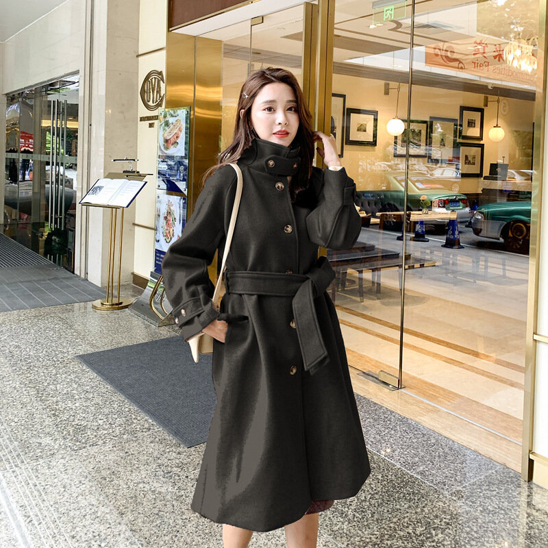 Шикарное осенне-зимнее женское пальто 2021 Однотонное шерстяное пальто с высоким воротником на бретельках длинное пальто