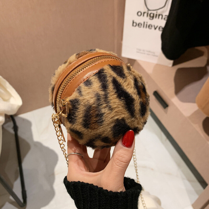 Mini Bag for Women 2021 Winter New Leopard Plush Shoulder Crossbody Bag Round Ball Chain Bag Luxury Designer Bolsa Feminina