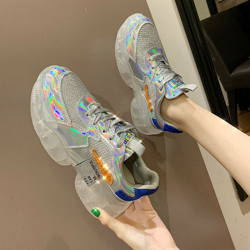 Zapatillas de deporte transparentes para mujer, zapatos de gelatina con plataforma Harajuku, calzado para correr con cristales brillantes, de marca