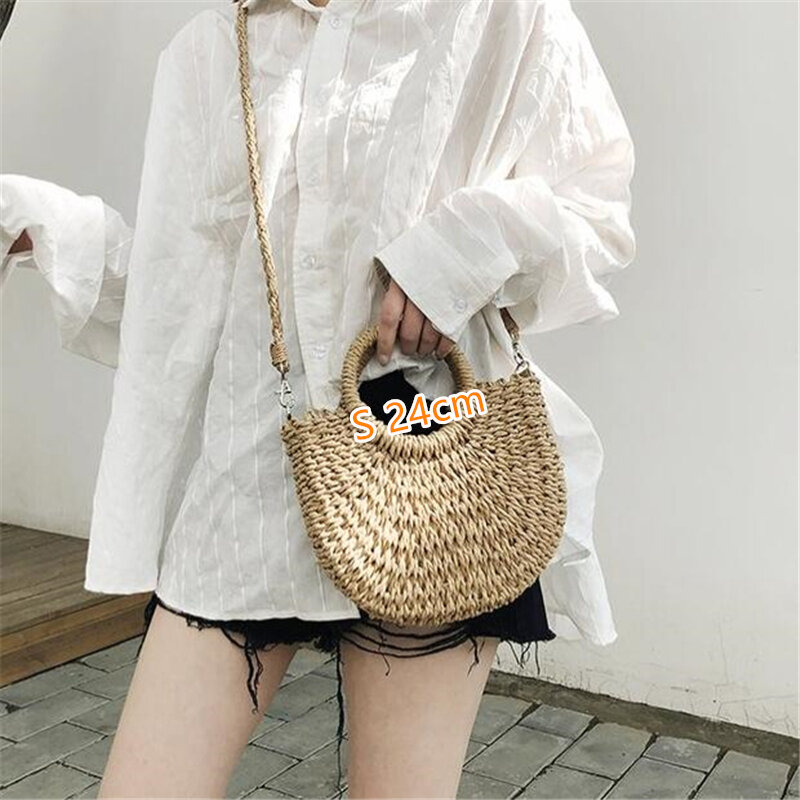 Bolsos tejidos a mano para mujer, bolsa de playa fresca de verano, tejido de paja, bolsa de mensajero con forma de Luna