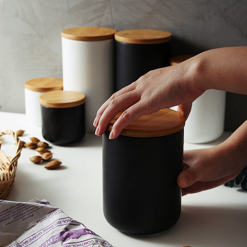 Diverse Ceramic Kitchen Storage Bottle Jar with Sealed Wood Lid Kitchen Food Coarse Cereals Candy Coffee Bean Tea Container box