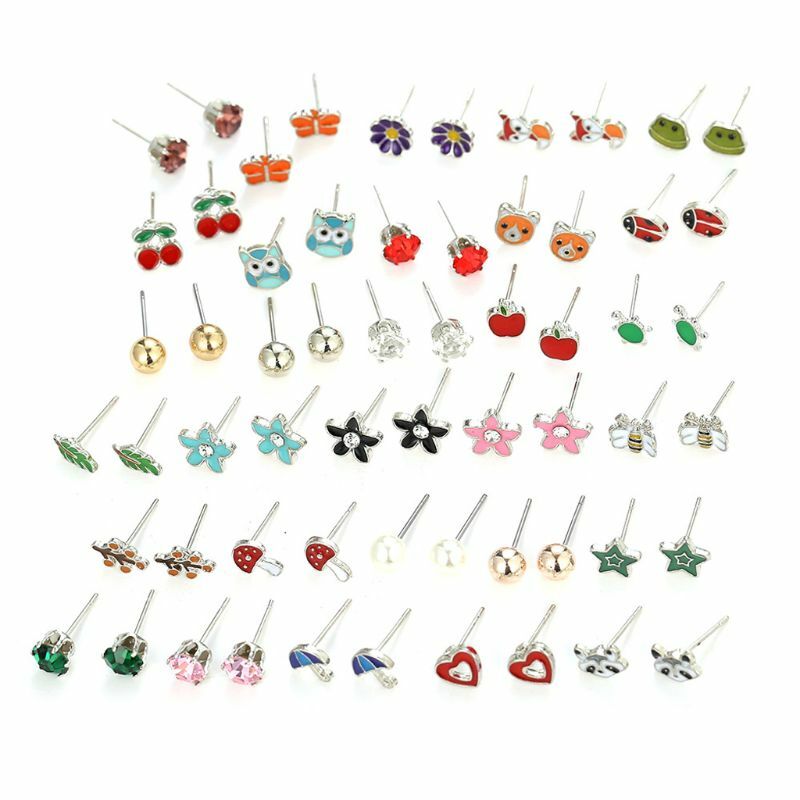 30 Pairs Stainless Steel Mixed Animals Heart Star Ladybug Bee Frog Mushroom Tree Daisy Umbrella Stud Earrings Set Kids