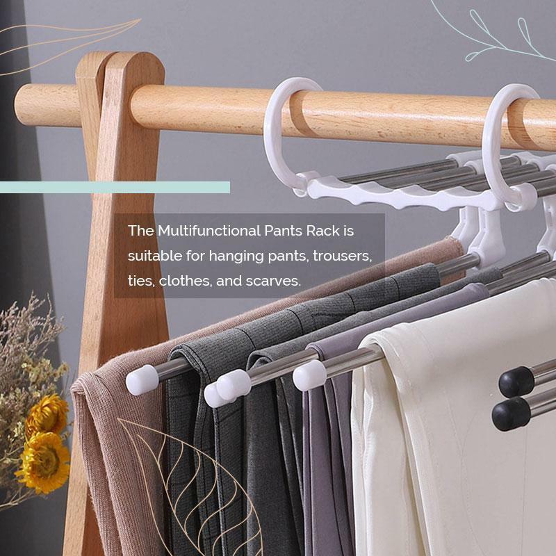 Organizador de calças 5 em 1, rack multifuncional ajustável de aço inoxidável para armazenamento de calças, prateleira, armário, cabide de roupas