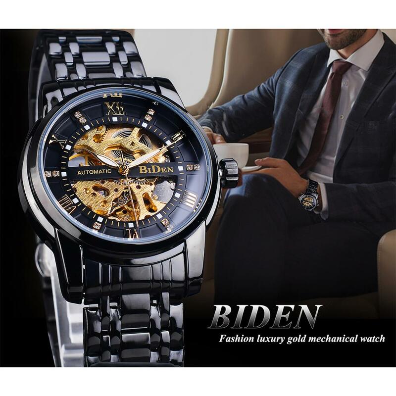 Biden relógio de pulso mecânico, dourado, preto, roma, número, diamante, luminoso, esqueleto, mão, inoxidável, à prova d'água, automático, corda automática