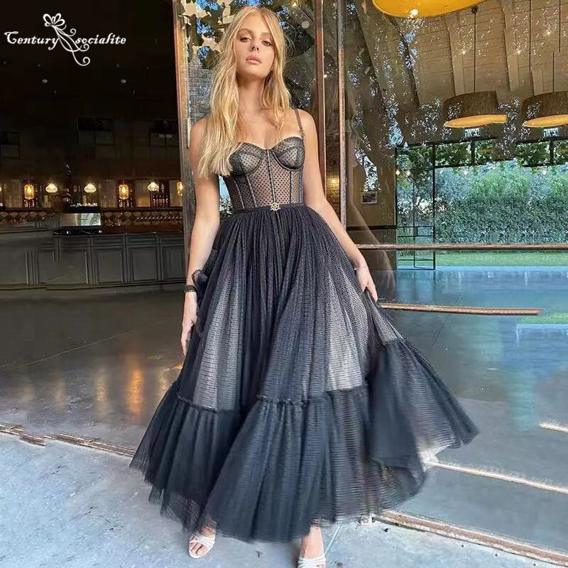 Black Prom Dresses Long Straps Zipper Back Ankle-Length Evening Dress Formal Gowns Vestido De Fiesta