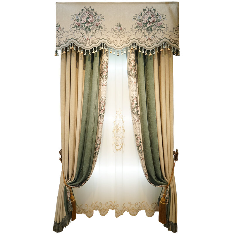 Cortina de luxo estilo americano europeu de chenille cor sólida costurada reforçada cortinas blackout alta para sala de estar quarto