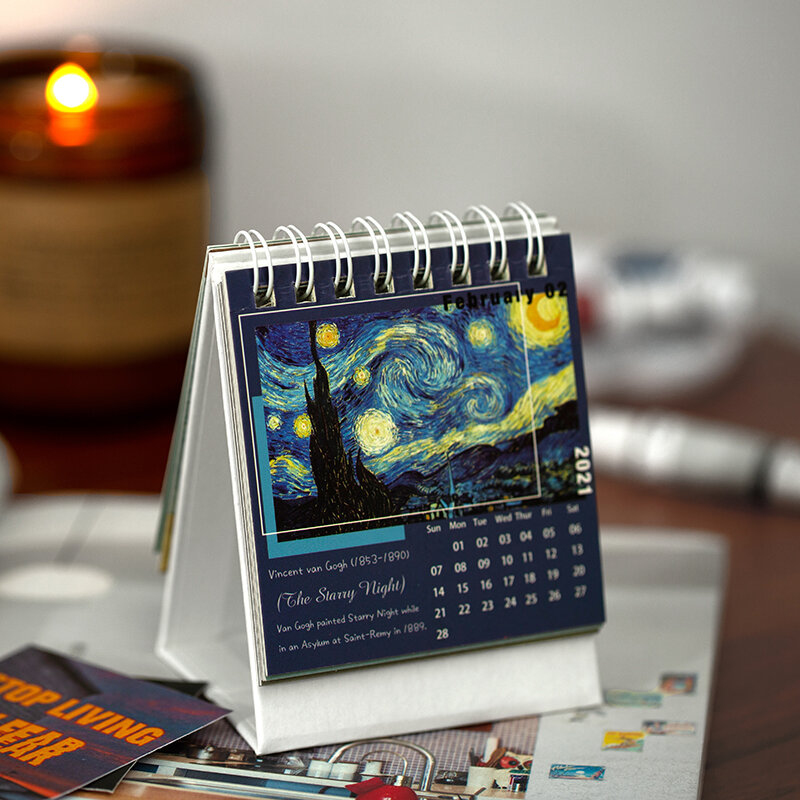 Mini van gogh-calendário da mesa para pintura a óleo, organizador anual de escritório, calendário do pequeno príncipe, 2020 a 2021