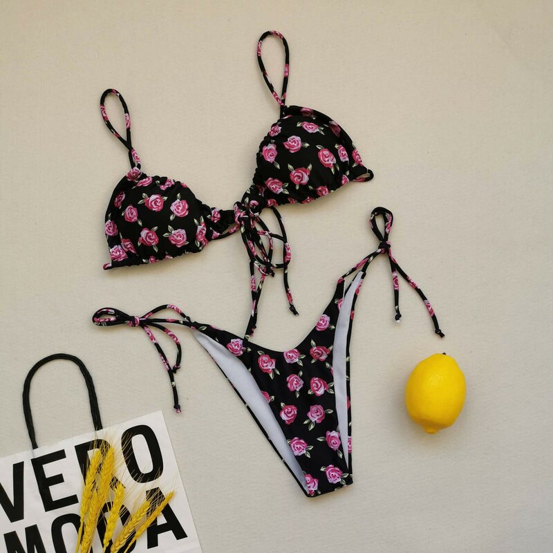 Microbikini con estampado Floral para mujer, conjunto de Bikini brasileño, trajes de baño para mujer, bañador separado con cordones, Microbikini 2022
