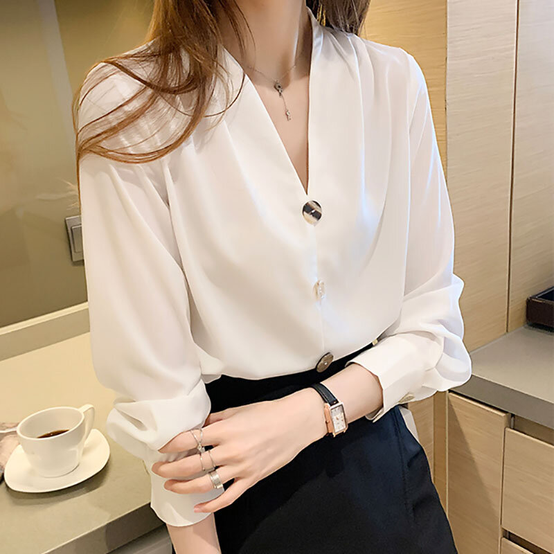 Shintimes V-Neck Chiffon Women Blouse Vintage Long Sleeve Pullover Shirt Button Clothes 2022 Fall Womens Tops Chemisier Femme