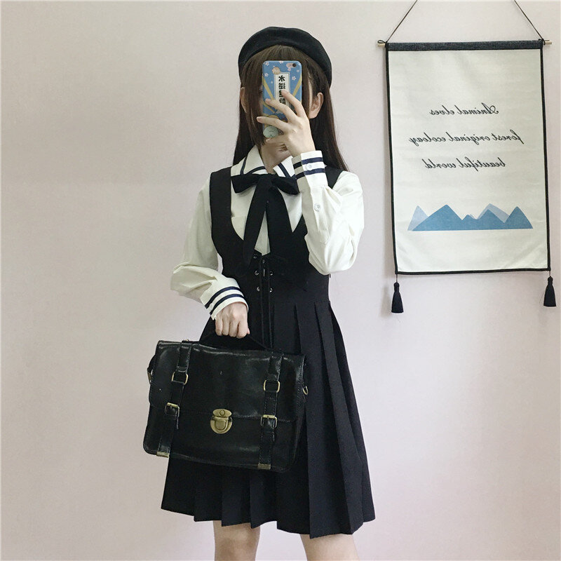 الزي الياباني للكلية JK قميص بأكمام طويلة مطوي فستان الحمالة من قطعتين دعوى الإناث فتاة المدرسة موحدة