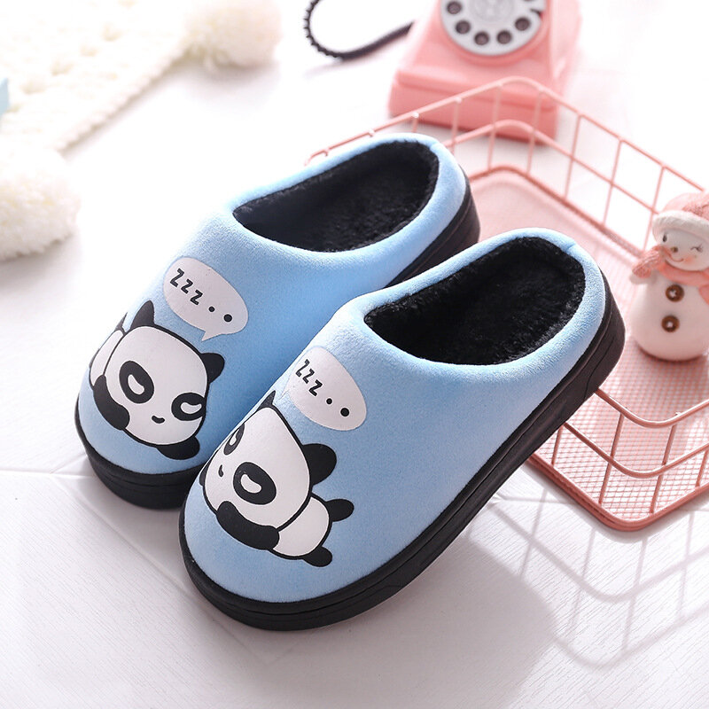 Winter Children Indoor Slippers Home Shoes Warm Kids Flip Flops Boys Plush Velvet Cartoon Panda Baby Girls Bedroom Casual Shoes