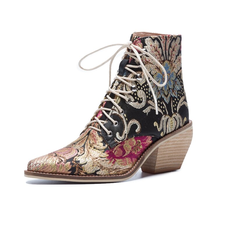 VANGULL-botines de tacón alto para mujer, zapatos bordados con flores, envío gratis, Invierno