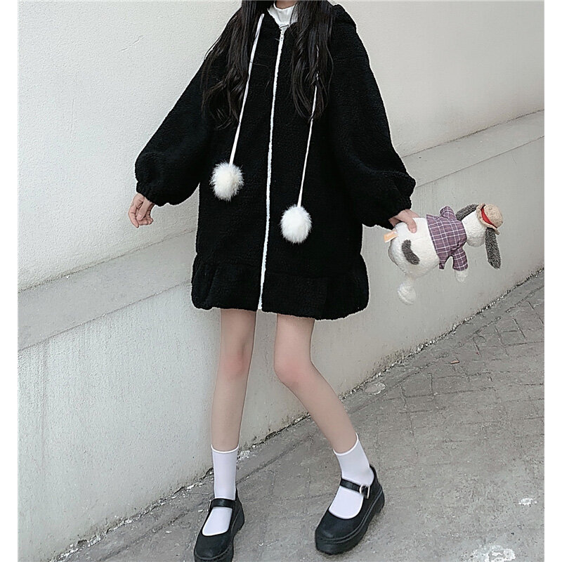 Vintage Soft Girl carino coniglietto orecchie con cappuccio spessa lana d'agnello Midi cappotto lungo da donna Kawaii Lolita manica lunga cerniera invernale capispalla