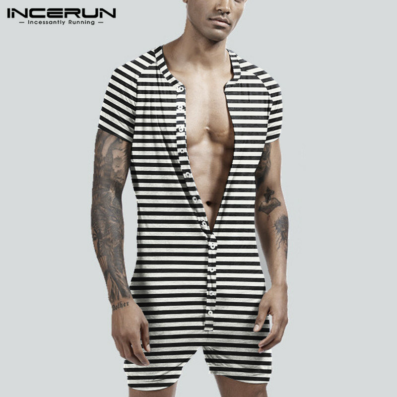 2022 Striped Men Pajamas Playsuit Short Sleeve Button Fitness Homewear Comfortable Shorts Mens Rompers Sleepwear INCERUN S-5XL 7