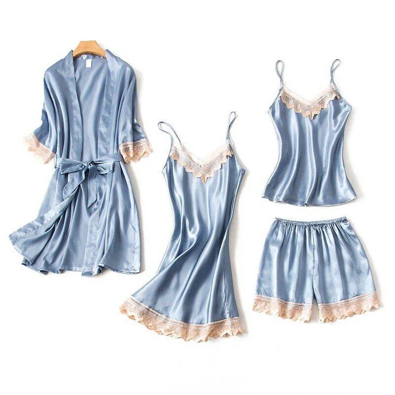 Women's Pajamas Set 4 Pcs Sexy Lace Nightgown Silk Sleepwear Bathrobe Elegant Pijama Robe Sets Home Clothes Summer 2020