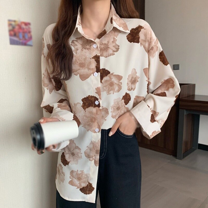 Шифоновая Блузка женская летняя одежда 2021 топы с цветочным принтом корейские модные женские топы милая блузка с длинным рукавом для женщин