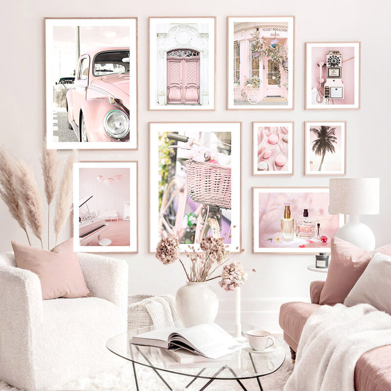 Настенная картина в скандинавском стиле, Настенная картина розового цвета с изображением автомобиля, парфюма, двери, цветов, ландшафта, ска...