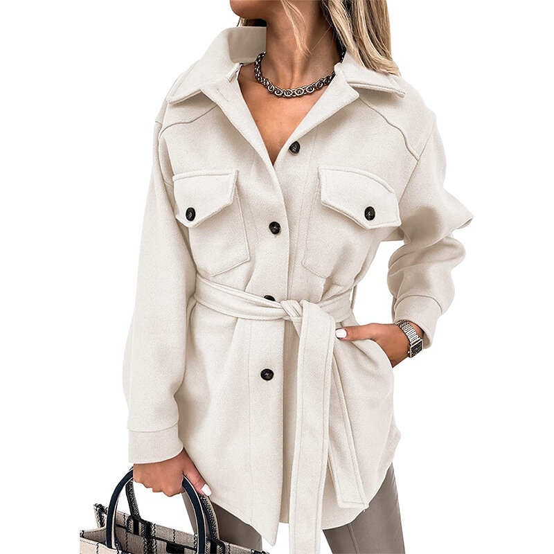 ผู้หญิงฤดูหนาว2021 Turn-Down Collar Long Coat กับเข็มขัดสุภาพสตรี Elegant ฤดูใบไม้ร่วง Slim แขนยาวแจ็คเก็ต