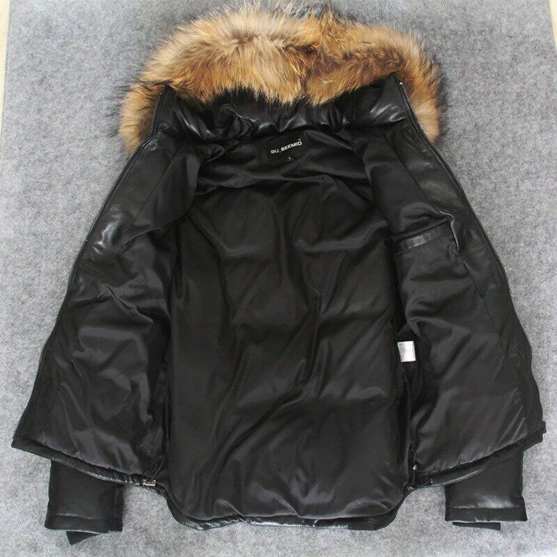 Factory Male sheepskin duck down coat short design stand collar winter thickening slim leather coat genuine leather jacket