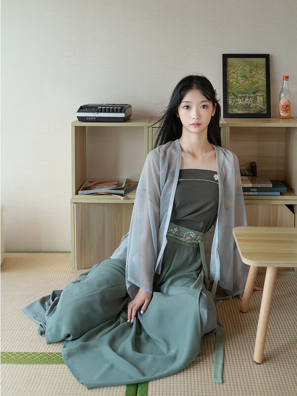 Celana Suspender Blus Double-Breasted Buatan Lagu Asli Hanfu Wanita Musim Panas Daisy
