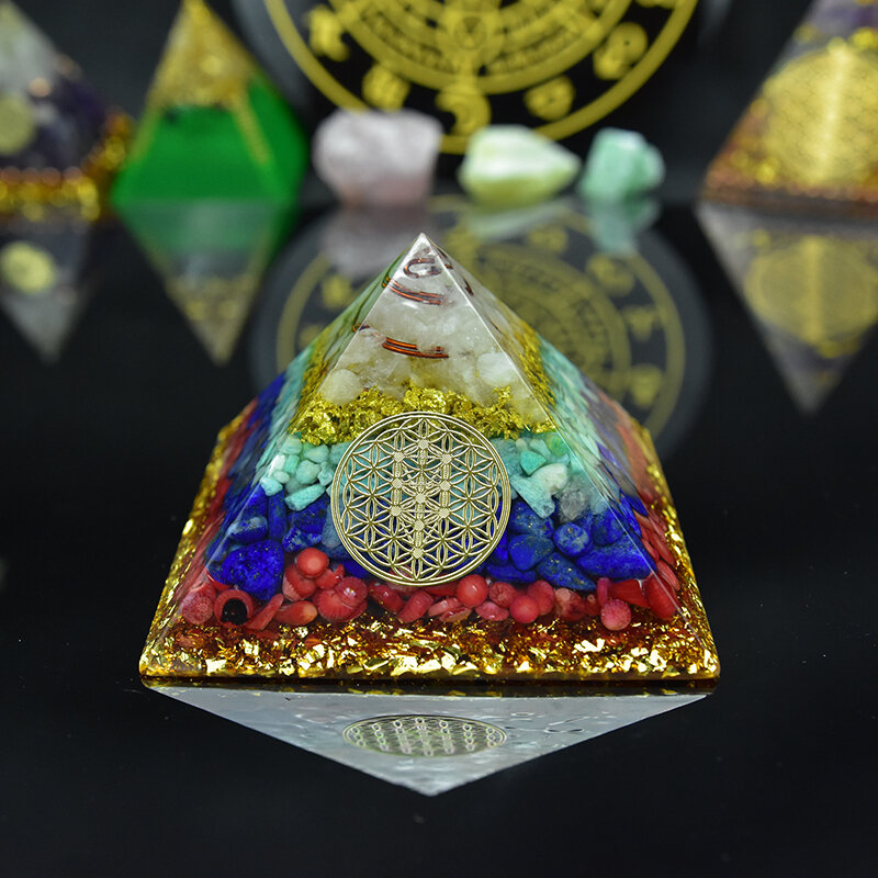 Sete chakras cristal pedra orgon energia pirâmide cristais e cobre amazonite orgone acumulador para reiki cura orgonite