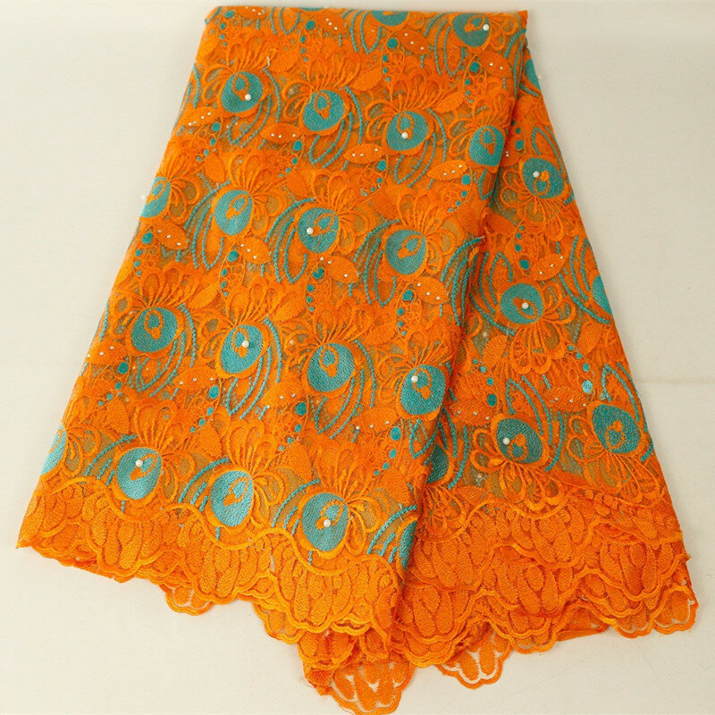 High Quality Orange African Beaded Lace Fabric 2019 French Voile Lace for Wedding Party Dresses Embroidered Nigerian Lace Fabric