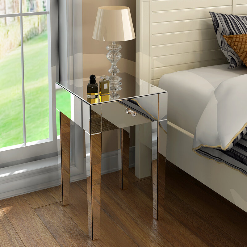 Panana زجاج عاكس طاولة السرير مع درج زجاج مقابض مرآة أثاث غرفة نوم منضدة التسليم السريع