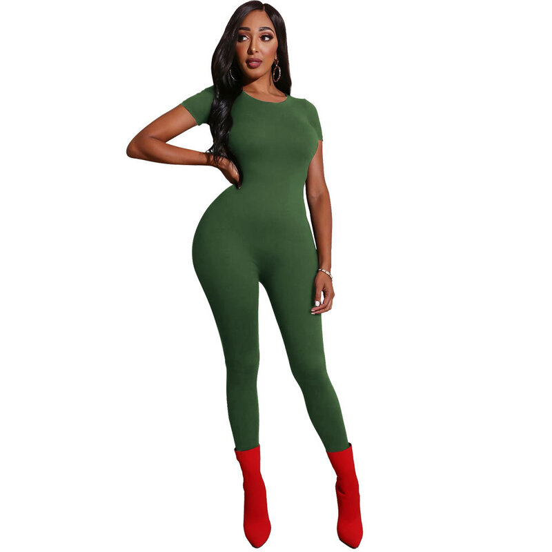 Combinaisons pour femmes, Sexy, noir, manches courtes, combinaison pour femmes, barboteuse verte, combinaison pantalon Long, couleurs unies, 2020