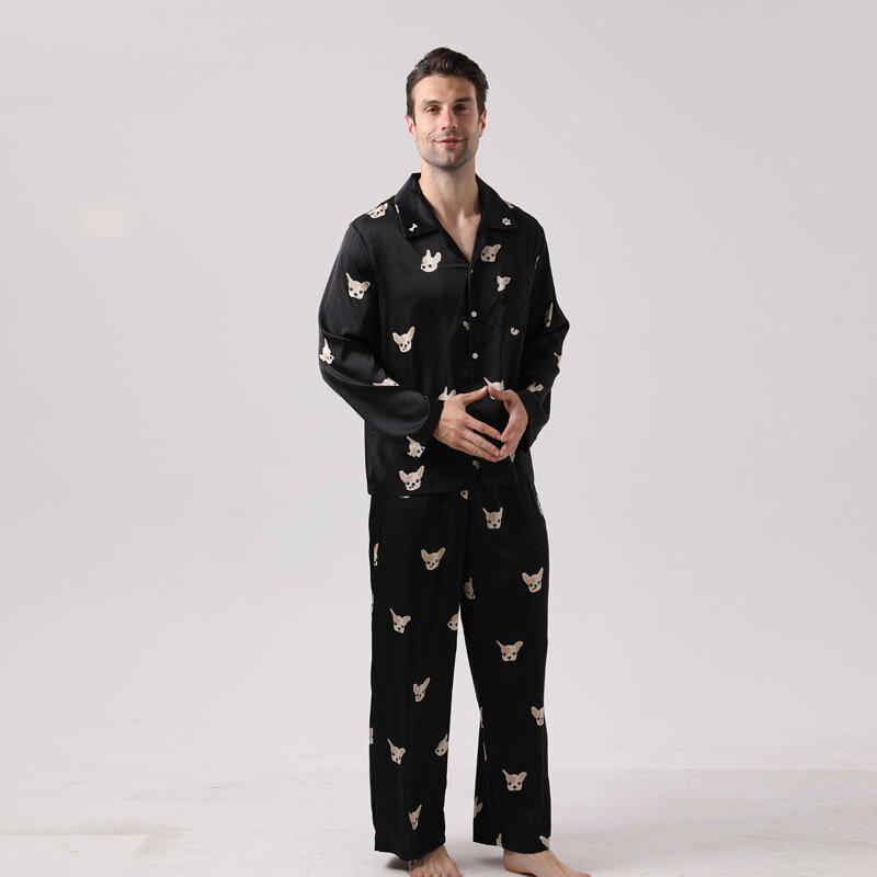Nova primavera outono pijamas de lapela de manga comprida calças de seda gelo confortável fino define desenhos animados cão serviço em casa terno pijamas
