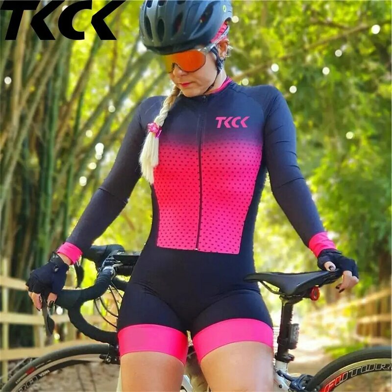 Tkck equipe triathlon conjunto camisa de ciclismo uma peça macacão manga longa macaquinho feminino conjunto almofada gel feminino macacões