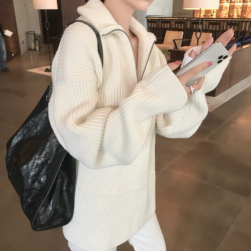 2021 novo bonito branco solto alto pescoço zíper exterior wear suéter feminino queda/inverno hedging preguiçoso estilo