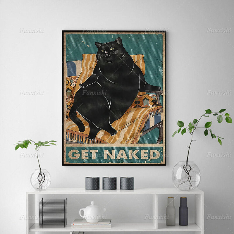ЗАБАВНЫЕ РЕТРО-постеры в виде черной кошки с надписью «Get Naked», Скандинавская настенная Картина на холсте, ретро-картина, модульные картины д...