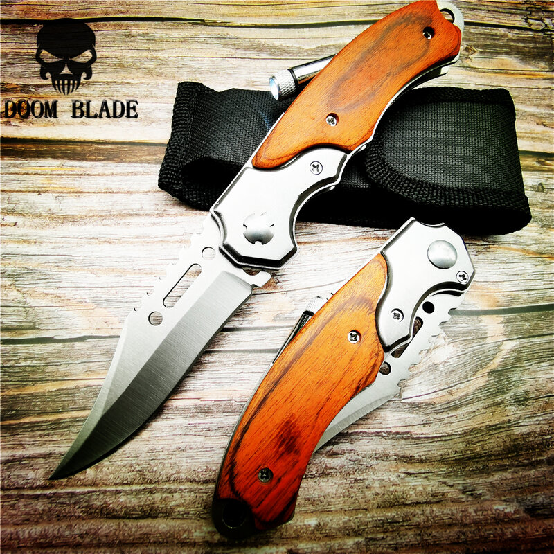 200mm 5CR15MOV Blade Quick Open Knives Pocket Tactical Folding Blade Knife Survival Hunting Camping Pocket Knife with LED New