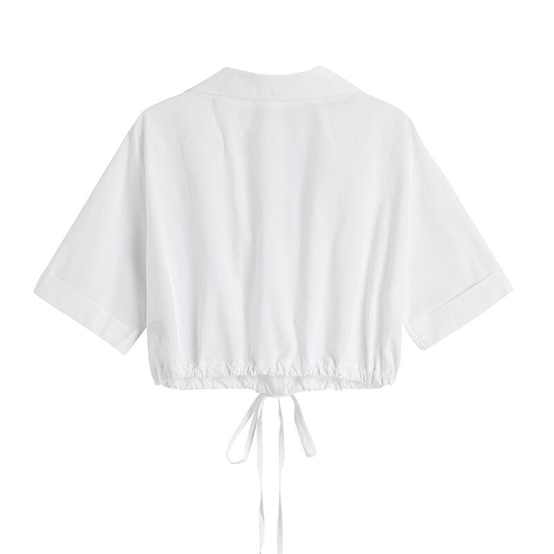 2021 camicia estiva donna moda manica corta scollo a V tunica Crop Top Casual Office Lady camicie bianche Top camicetta coreana con lacci